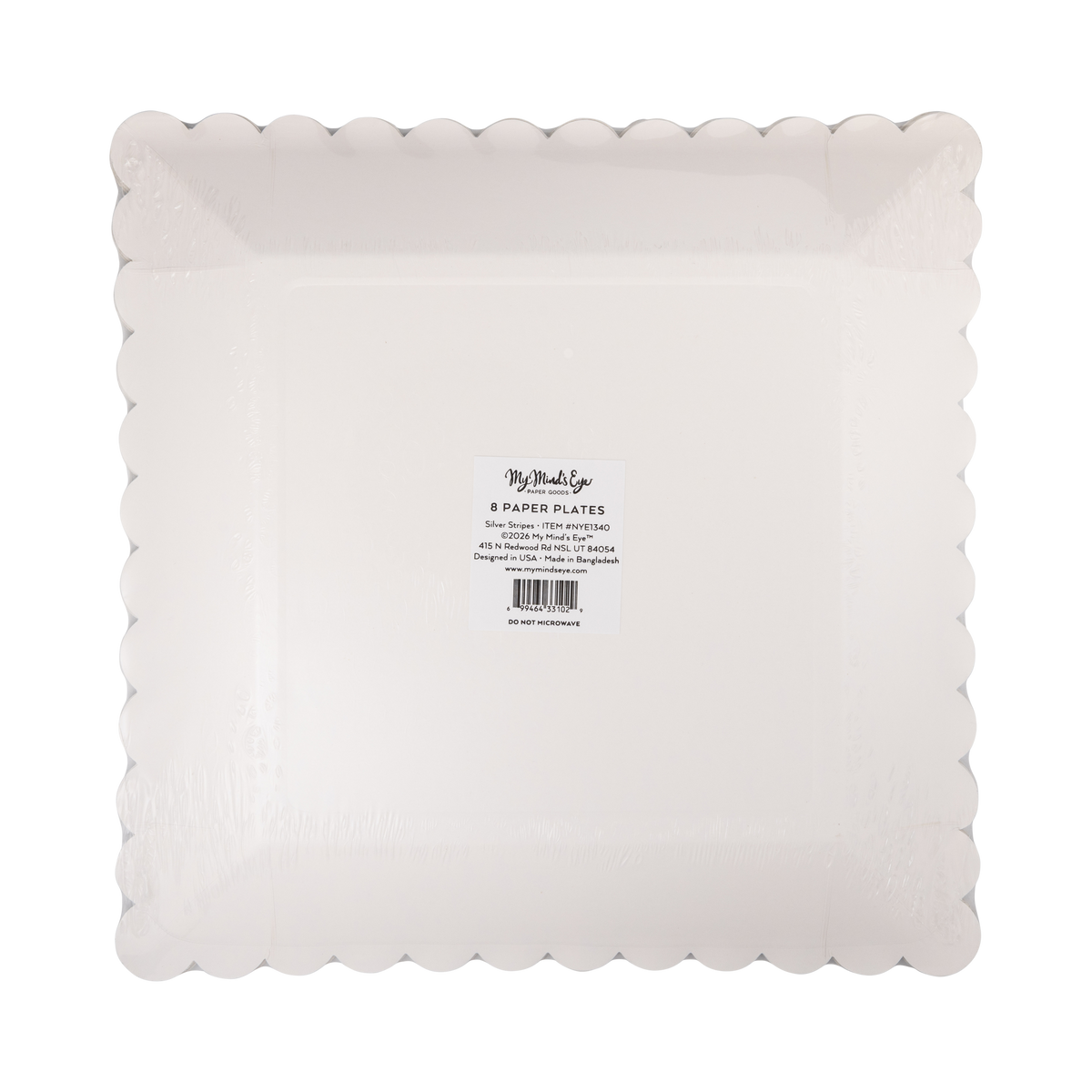 Silver starburst square paper dinner plates shown in back packaging