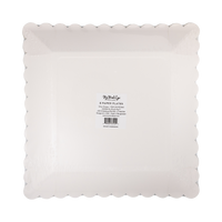 Silver starburst square paper dinner plates shown in back packaging