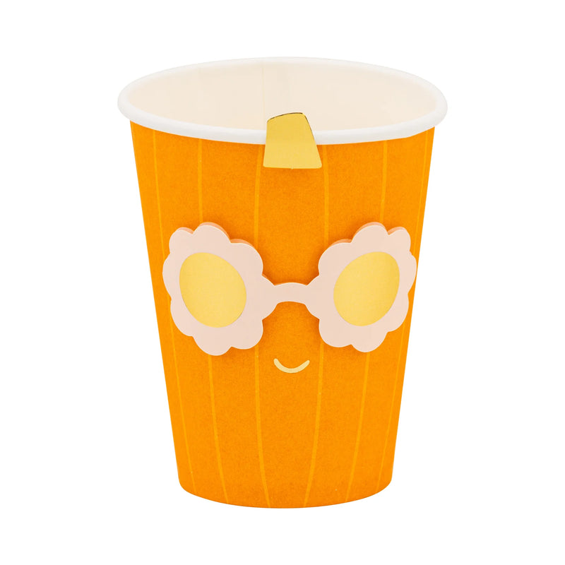 Isolated product shot of a single Groovy Pumpkin 12-oz disposable Halloween cup with orange ribbed pumpkin pattern, daisy sunglasses and gold stem tab.