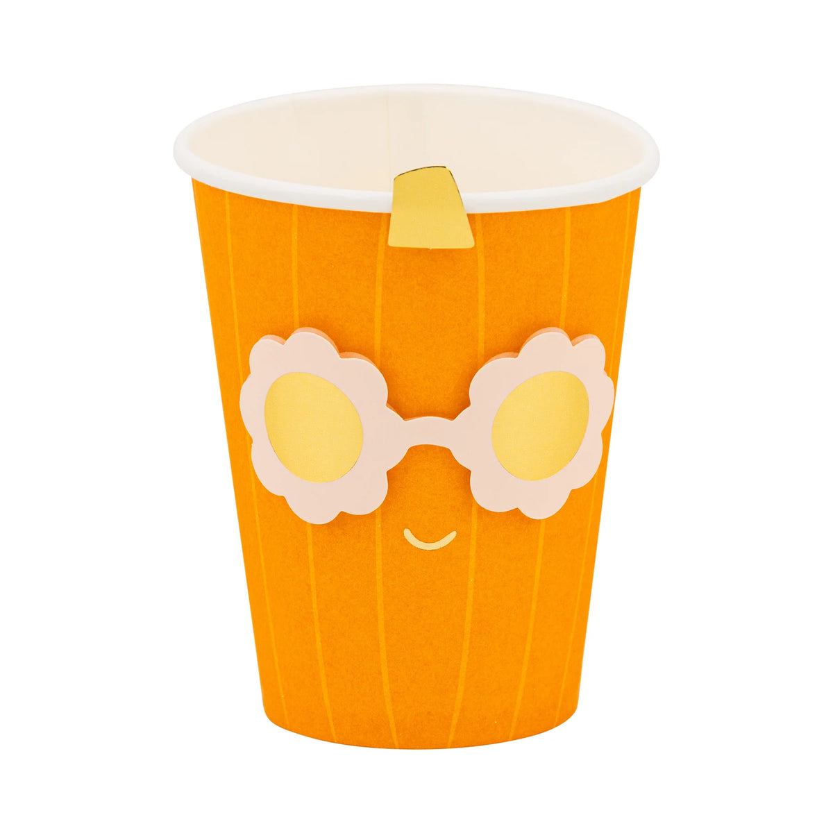 Orange paper cup with a cartoon face design on a white background