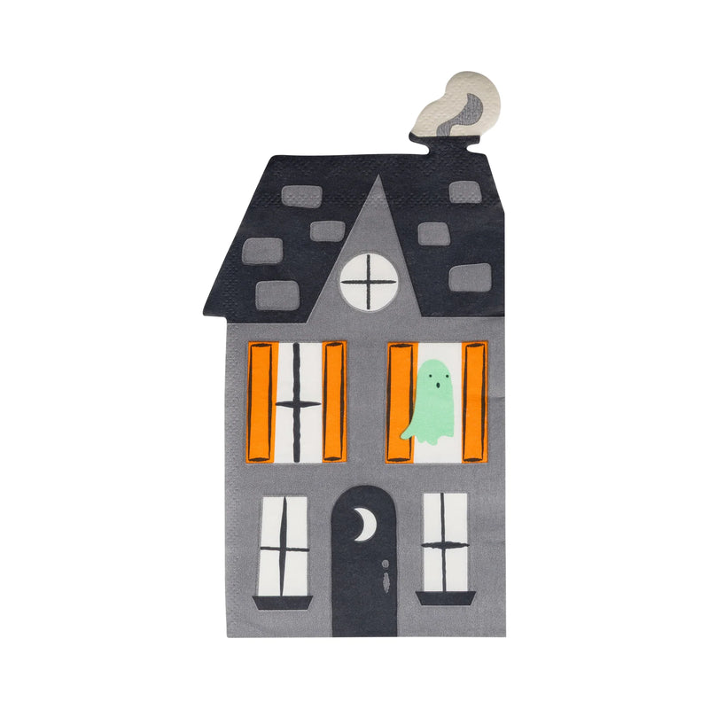 Single die-cut Haunted Mansion napkin featuring moonlit door, ghost in window and smoke stack.