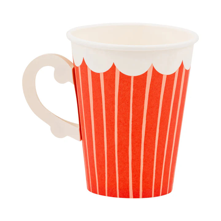 Single red paper cup with a white handle and striped design on a white background.	
