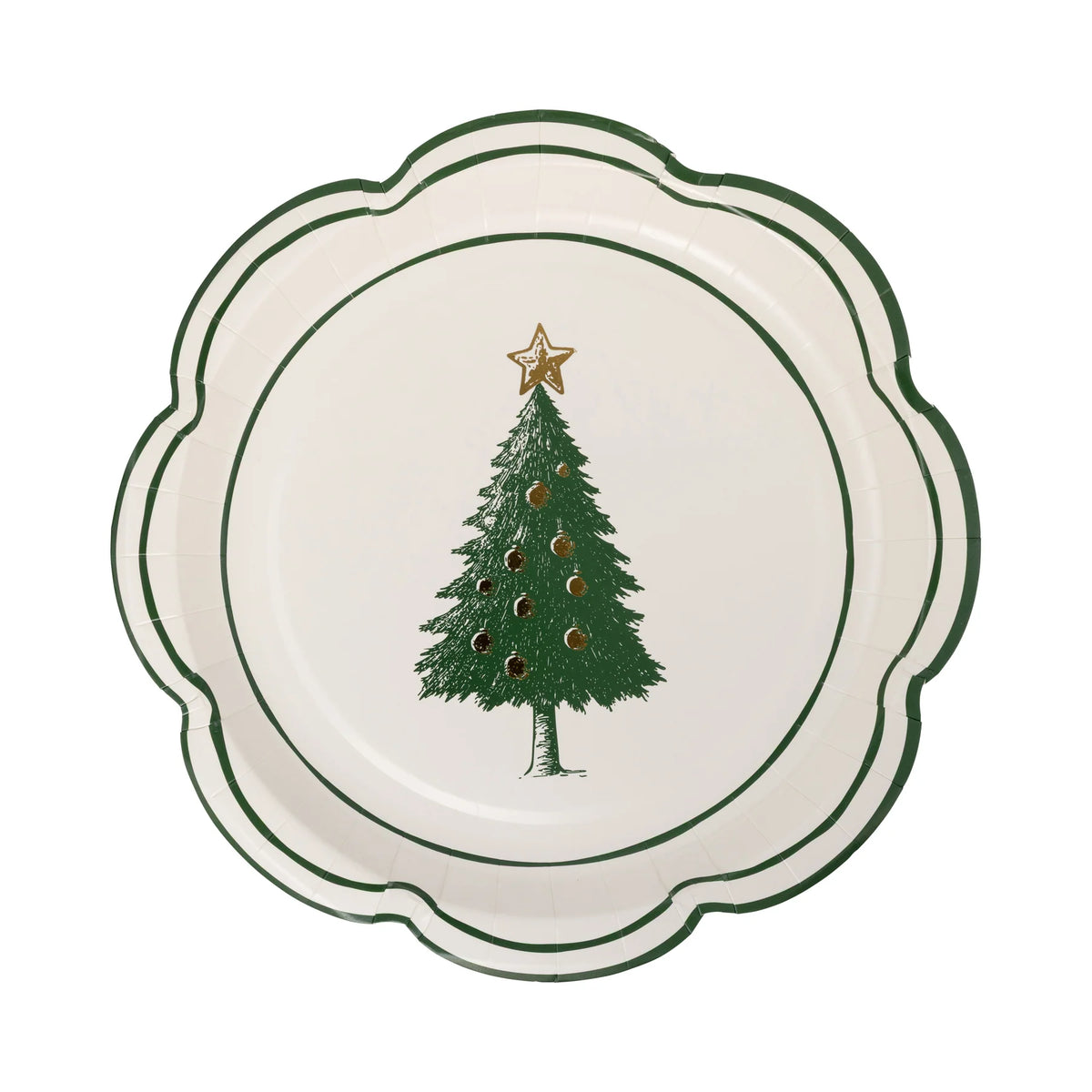 Isolated image of a single Christmas paper plate with a decorated Evergreen tree plates illustration and gold star, featuring the scalloped edge plates.