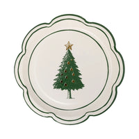 Isolated image of a single Christmas paper plate with a decorated Evergreen tree plates illustration and gold star, featuring the scalloped edge plates.