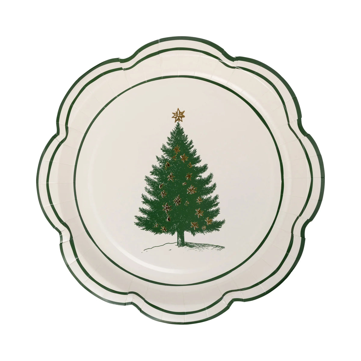 Isolated image of a single Evergreen tree plate with green ornaments and a gold star on a white background.