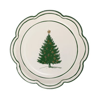 Isolated image of a single Evergreen tree plate with green ornaments and a gold star on a white background.