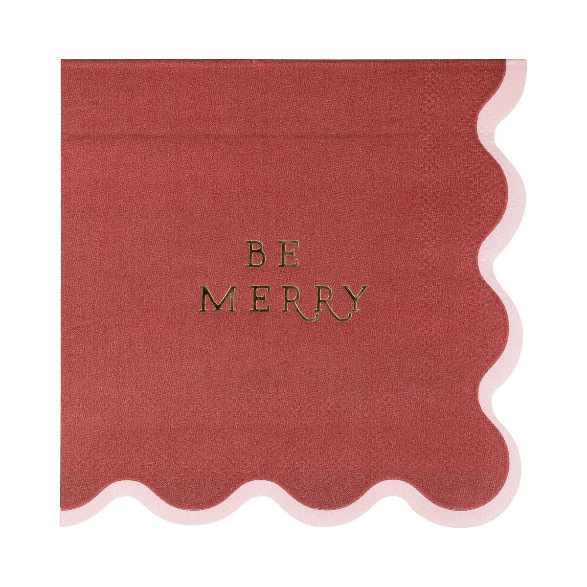 Close-up of the single maroon paper cocktail napkin featuring the gold foil "Be Merry" text.