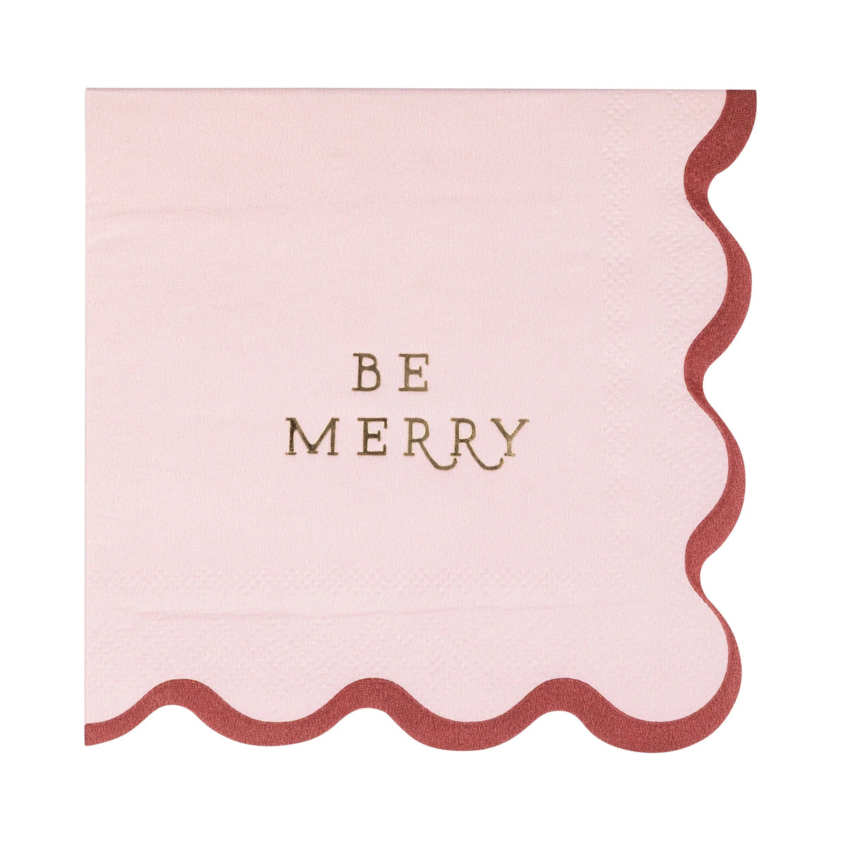 Close-up of the single light pink scalloped edge Christmas napkin with gold foil text.