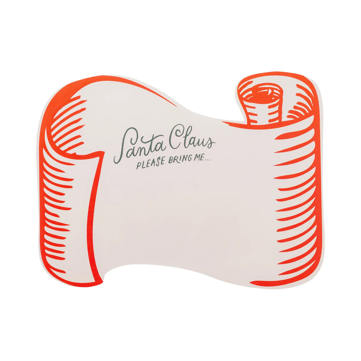 Close-up of a single Santa placemat in the scroll design with the "Santa Claus please bring me" text, ready for writing.