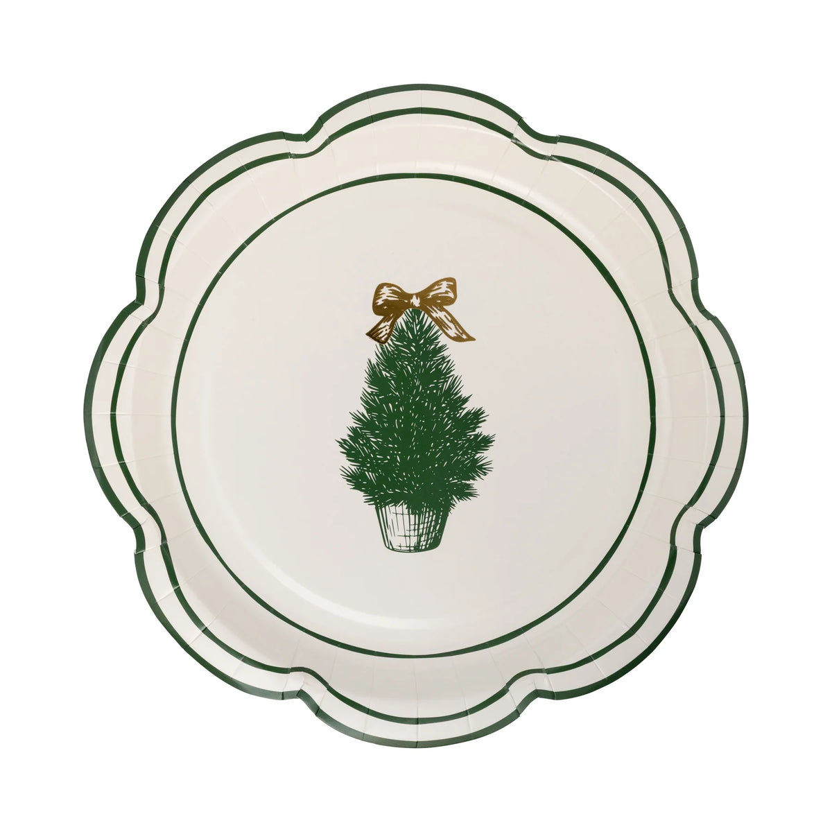 Isolated image of a single scalloped edge plate featuring the potted Evergreen tree plates illustration with a gold bow.
