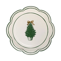 Isolated image of a single scalloped edge plate featuring the potted Evergreen tree plates illustration with a gold bow.