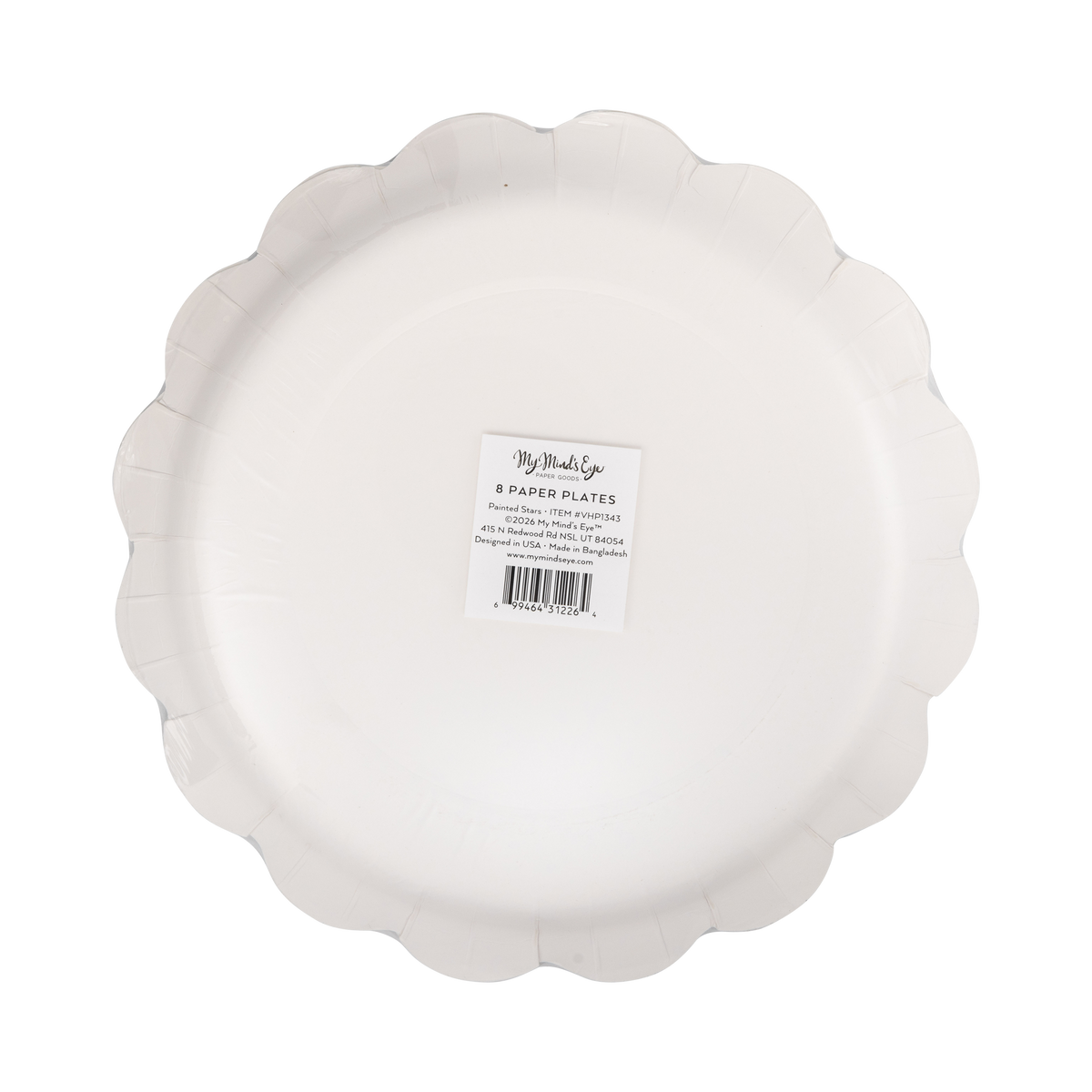 Back of a paper plate with a label on a clear packaging. 
