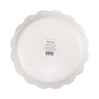 Back of a paper plate with a label on a clear packaging. 