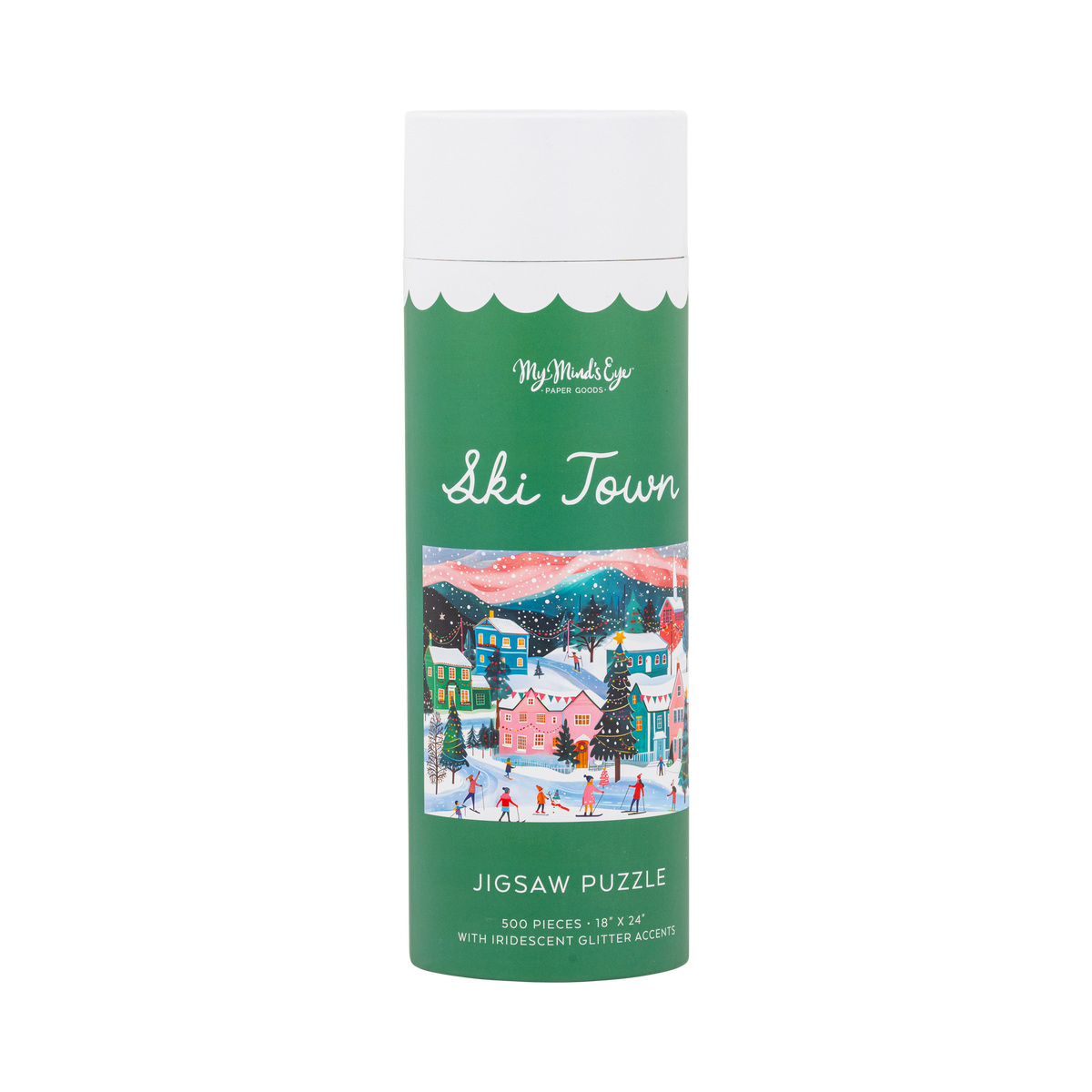 Ski Town 500 piece Christmas puzzle gift tube with an iridescent glitter ski scene