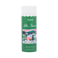 Ski Town 500 piece Christmas puzzle gift tube with an iridescent glitter ski scene