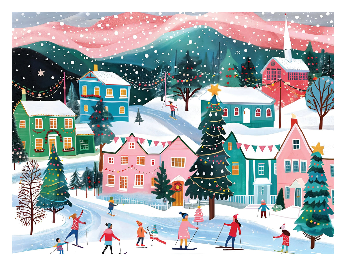 Finished Ski Town puzzle artwork of skiers in a snowy village with holiday lights