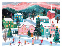 Finished Ski Town puzzle artwork of skiers in a snowy village with holiday lights