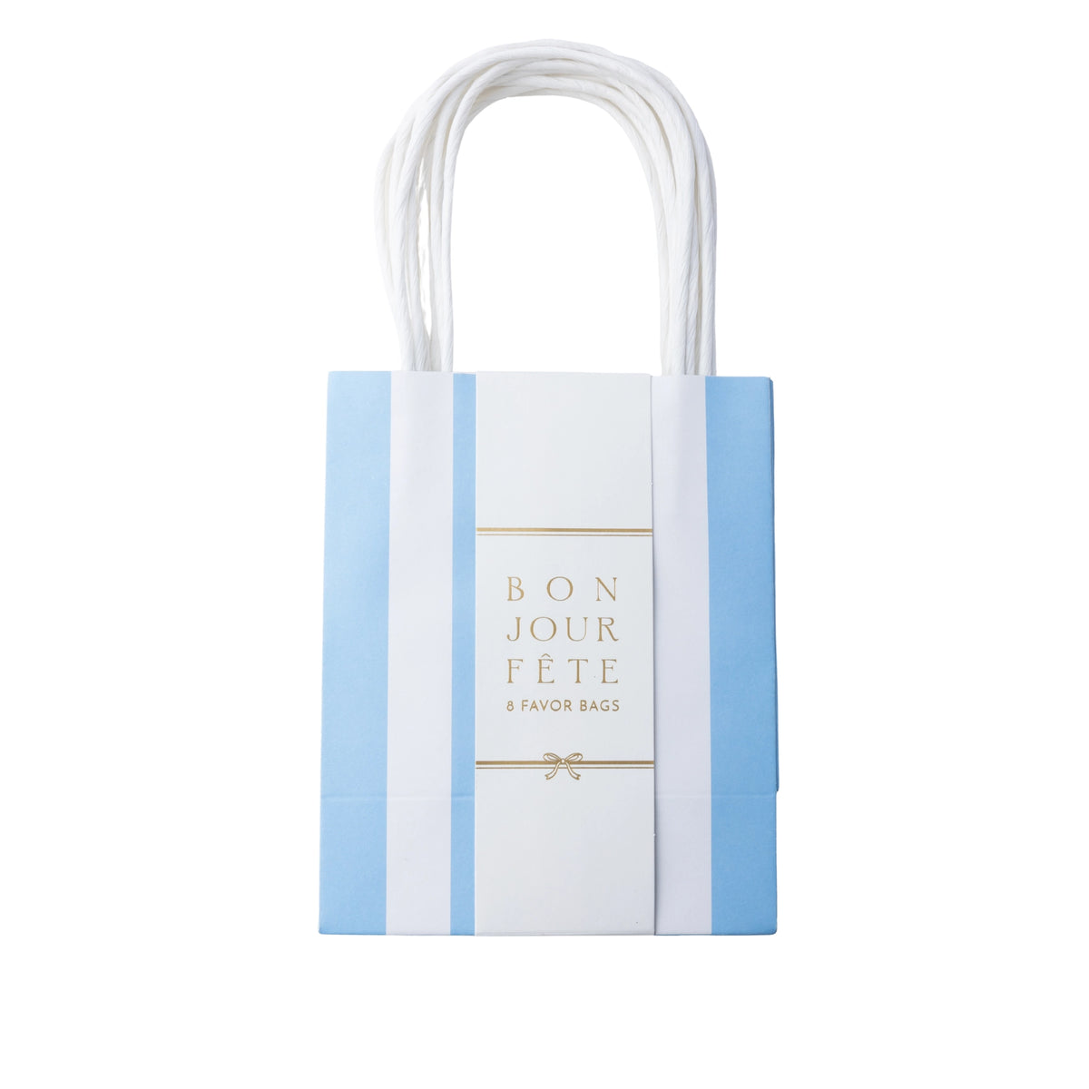 Sky blue cabana stripe paper favor bag with a center label and handles