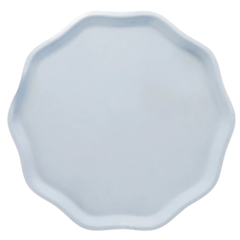 Isolated sky blue 10.5-inch compostable dinner plate with scalloped rim—blue paper plates.