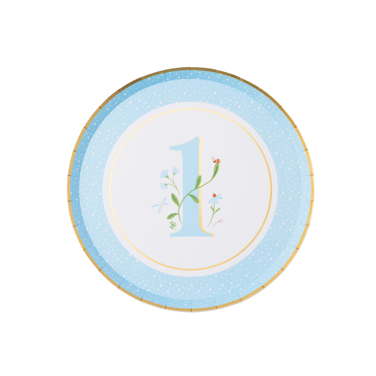 Single round sky blue first birthday paper plate with illustrated floral number 1, ladybug detail and gold foil border on white background