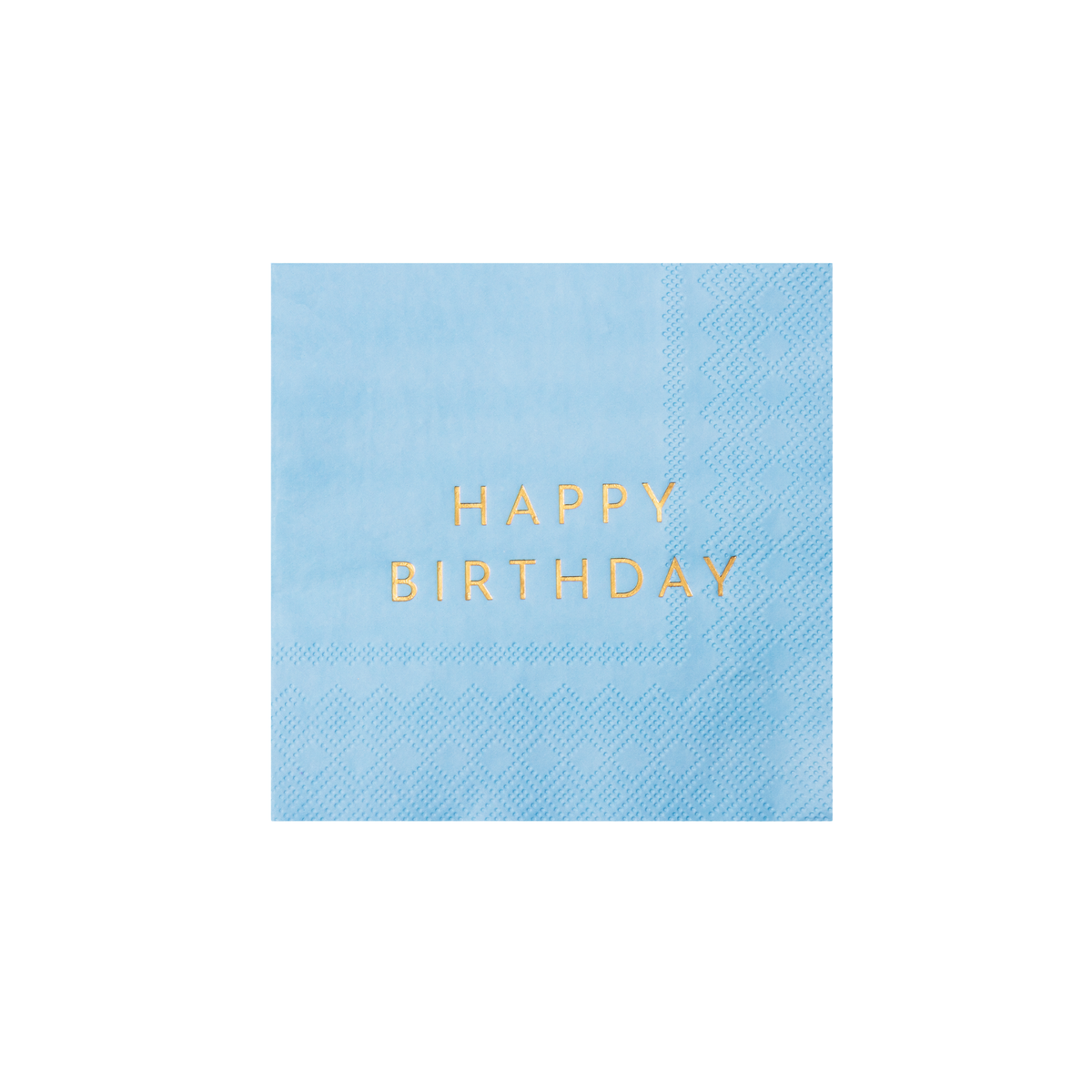 Single sky blue Happy Birthday paper cocktail napkin with gold foil text on white background