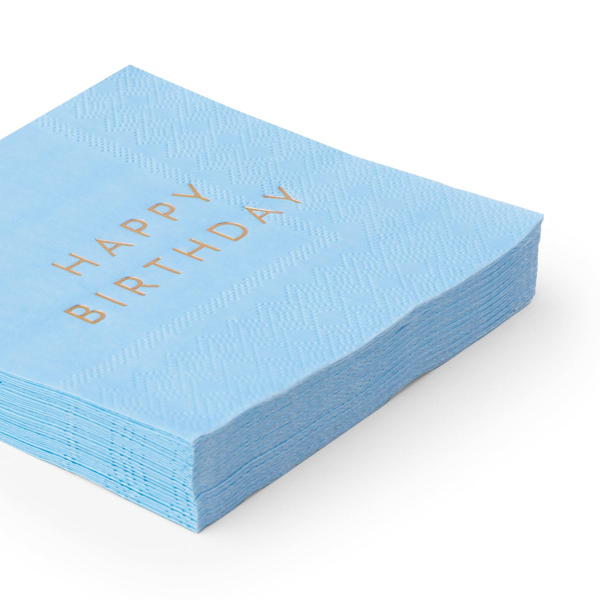 Stack of sky blue cocktail napkins with gold foil Happy Birthday lettering, angled product view