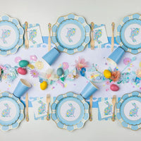 Easter table styled with sky blue Regency stripe plates