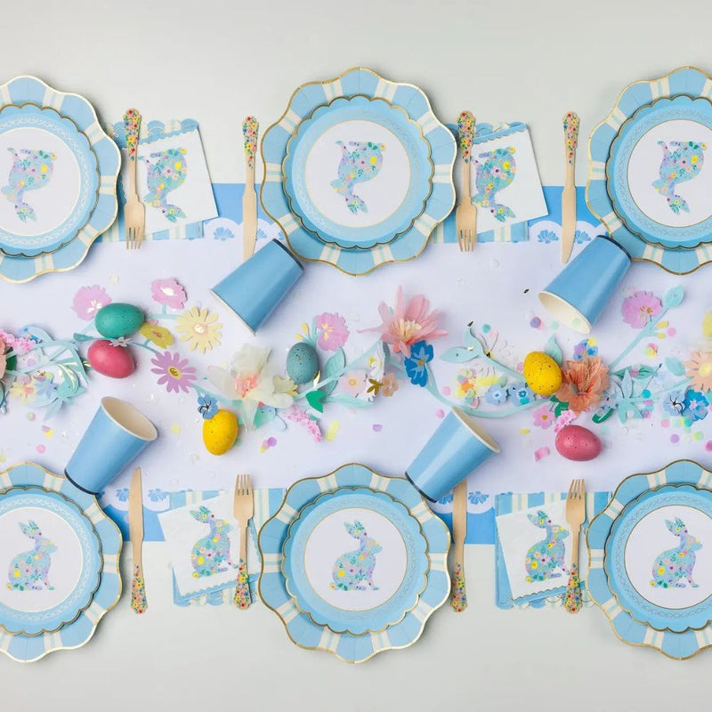 Easter table styled with sky blue Regency stripe plates