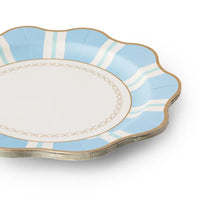 Stack of sky blue Regency stripe plates with gold rim
