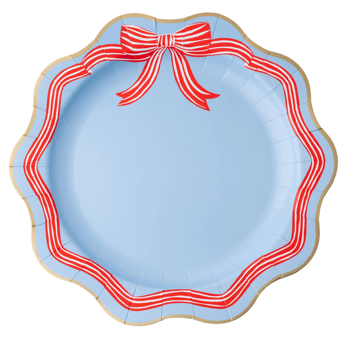 Single sky blue paper dinner plate with a red-and-white striped bow at the top, striped ribbon border, and wavy gold edge.