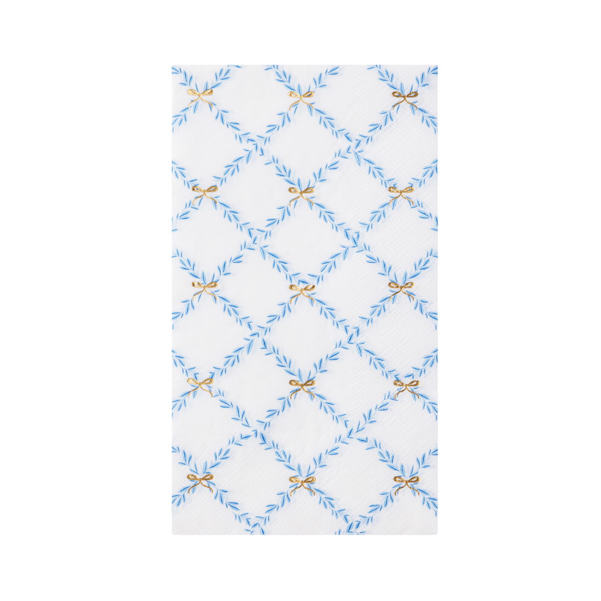 Sky blue trellis guest towel with gold bow accents, flat product image.