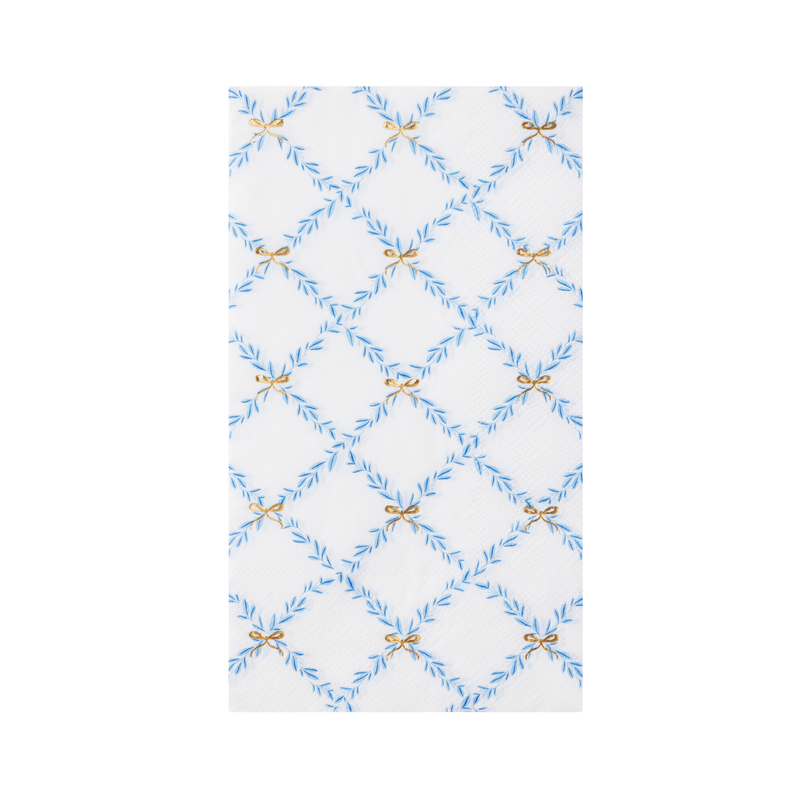 Sky blue trellis guest towel with gold bow accents, flat product image.