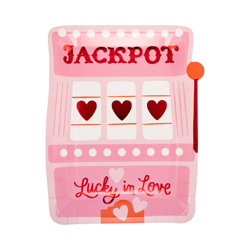 Pink and red slot machine–shaped plate with “Jackpot” and heart reels.