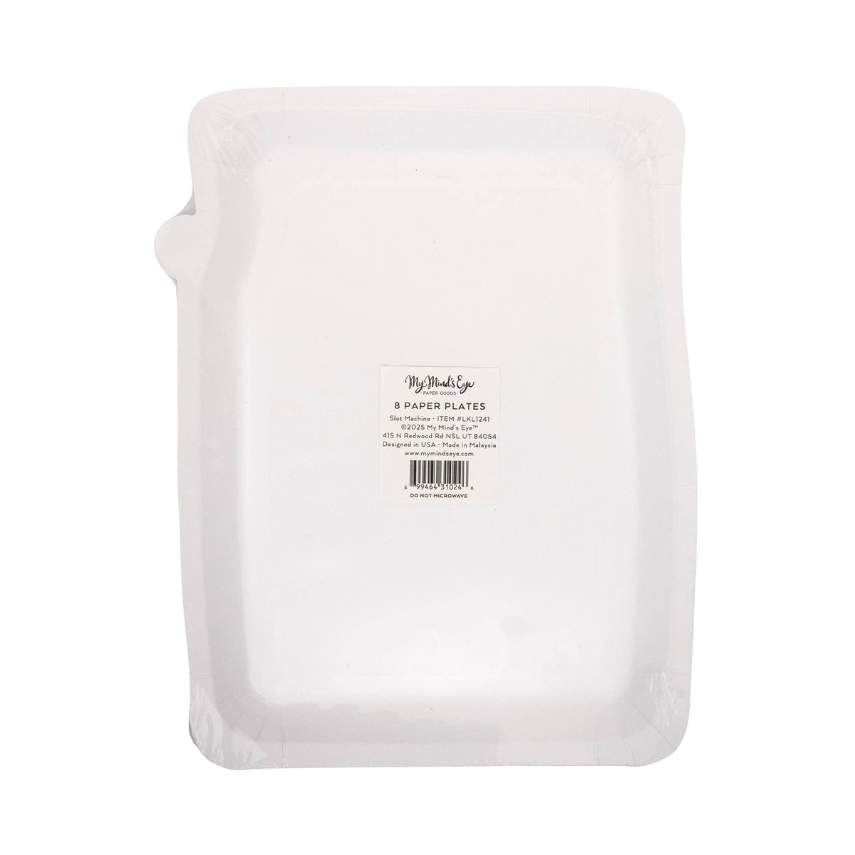 Back view of packaged slot machine shaped plates with product label.