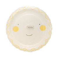 Front view of smiling sun paper plate for baby shower in packaging