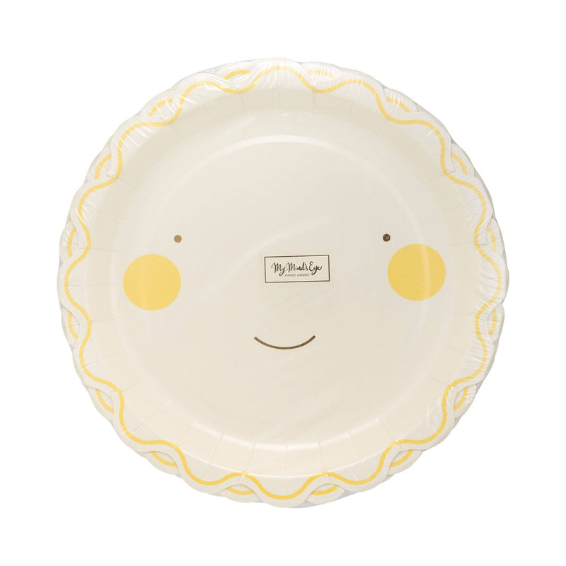 Front view of smiling sun paper plate for baby shower in packaging