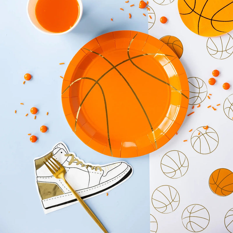 Sneaker napkin next to basketball plates—easy nike party decorations vibe.