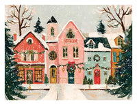 Christmas village jigsaw puzzle design of colorful red, pink, mint and yellow houses decorated with wreaths, garland and red bows on a snowy street lined with evergreen trees