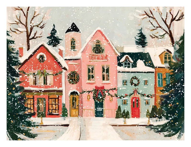 Christmas village jigsaw puzzle design of colorful red, pink, mint and yellow houses decorated with wreaths, garland and red bows on a snowy street lined with evergreen trees