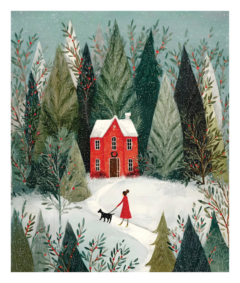 Winter jigsaw puzzle design of a red house with a wreath in a snowy evergreen forest, with a woman in a red coat walking a black dog down a snowy path among berry branches
