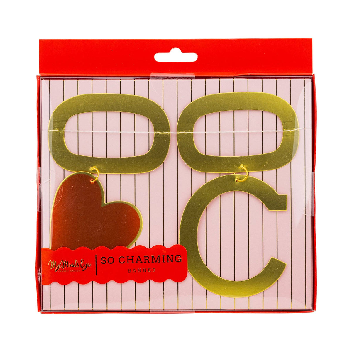 Close-up of So Charming banner letters and charm details in packaging