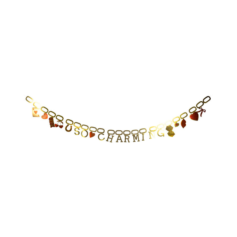 Gold foil So Charming banner with charm bracelet style icons