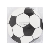 packaged soccer ball napkins showing shape and design detail.