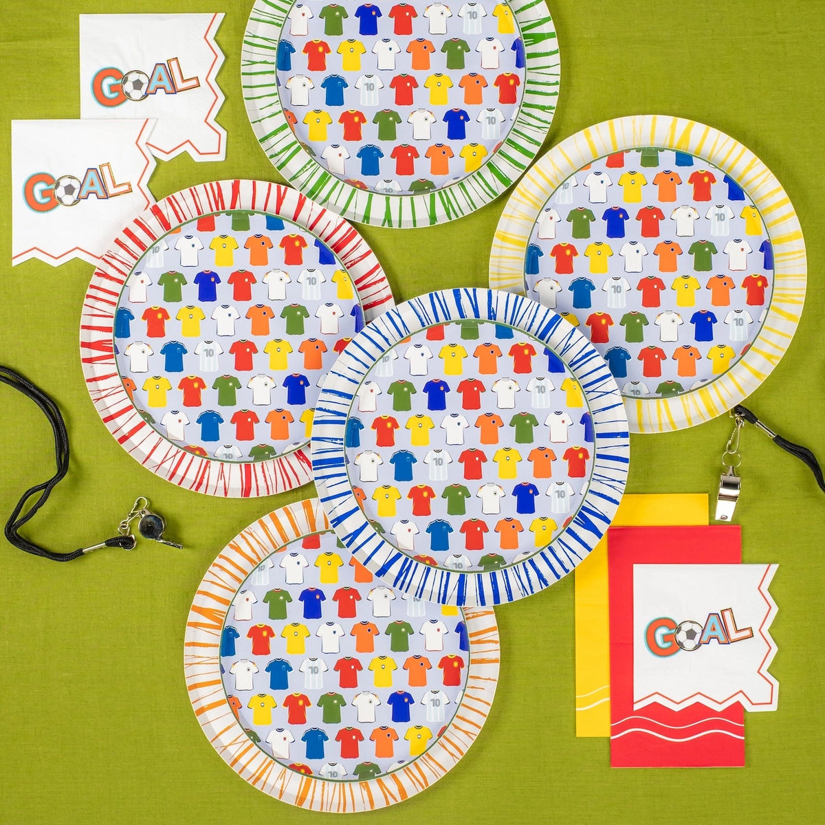Five plate colorways with whistle and two GOAL napkins