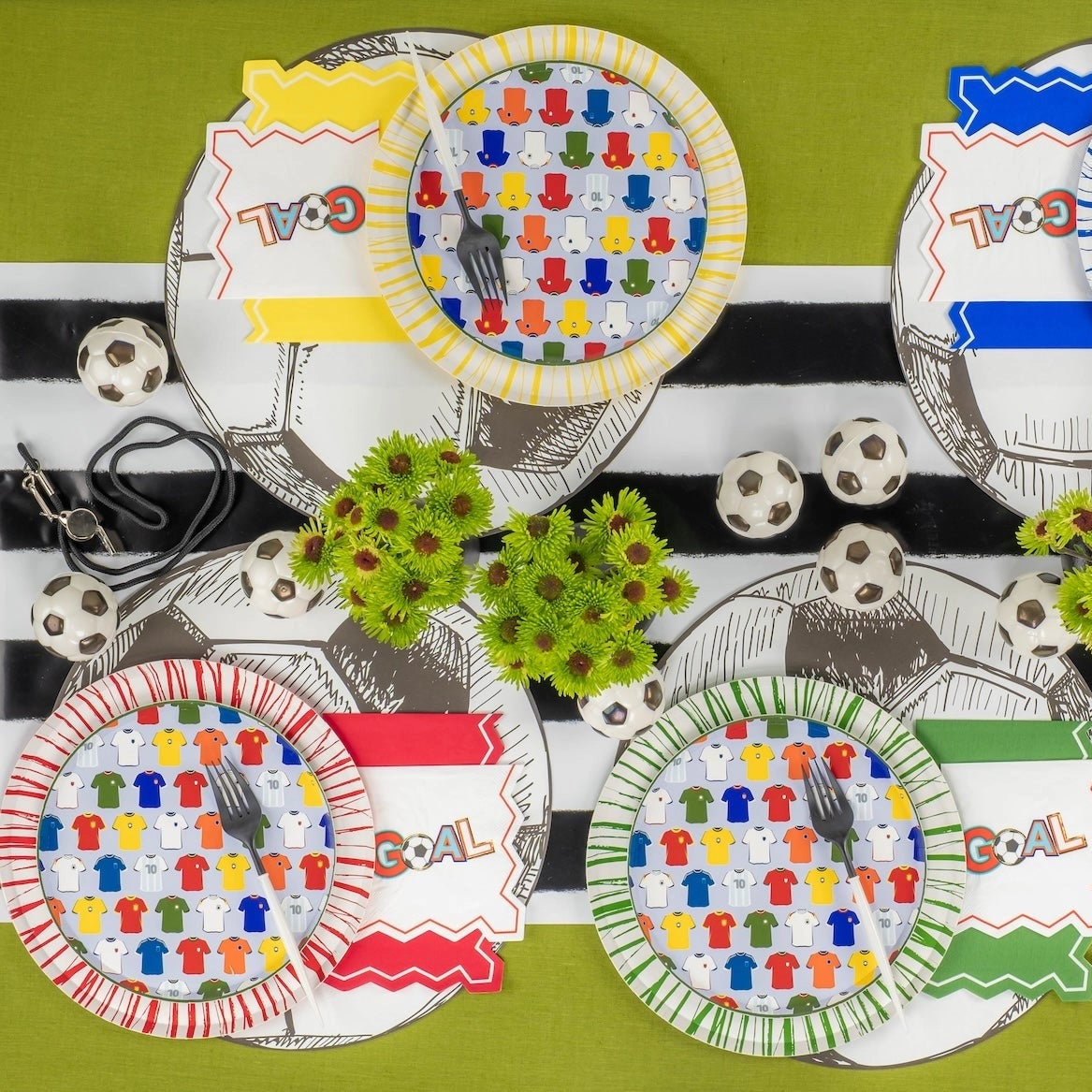 Overhead spread of four colorways and whistle props