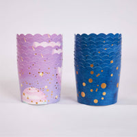 space cupcake liners in purple and blue with gold foil details
