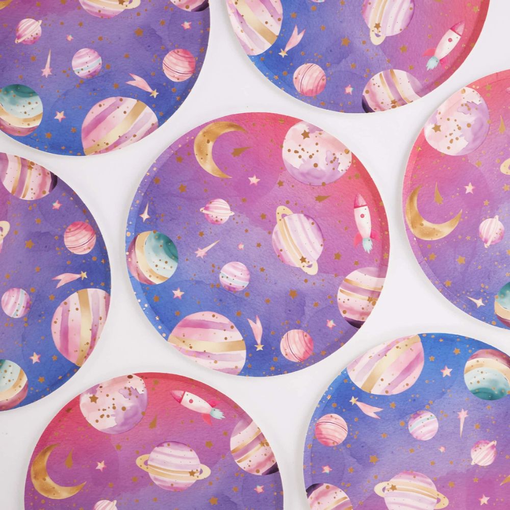 set of galaxy paper plates with colorful space design