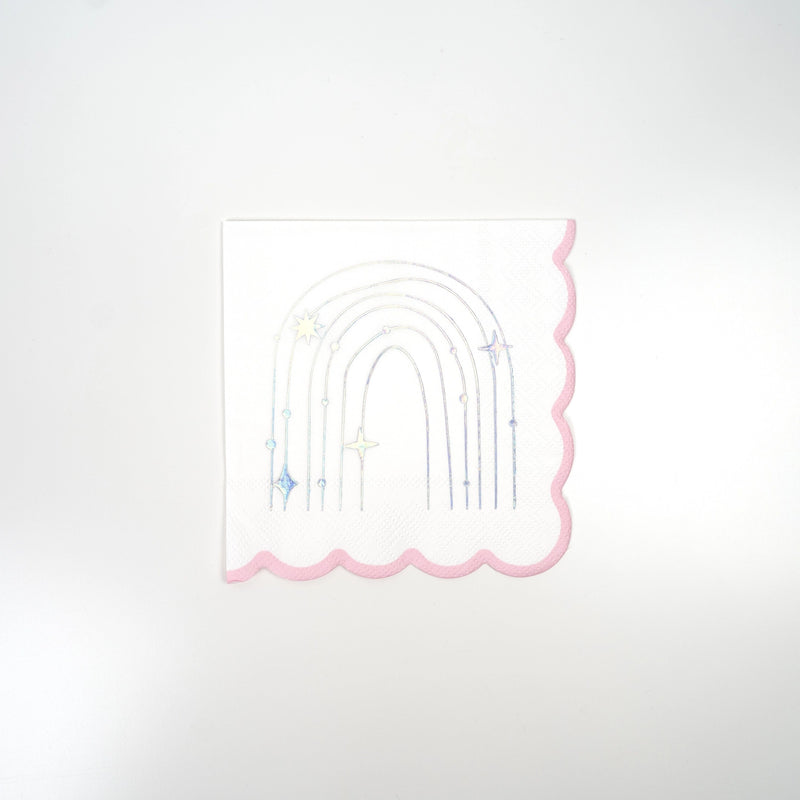 Product cutout: sparkle rainbow beverage napkin with holographic foil and scalloped pink edge.