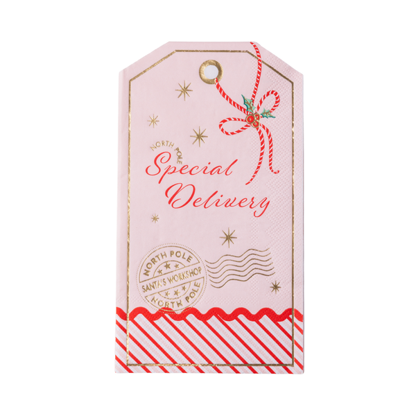 Die-cut pink gift tag guest towel with Special Delivery script and gold North Pole postmarks