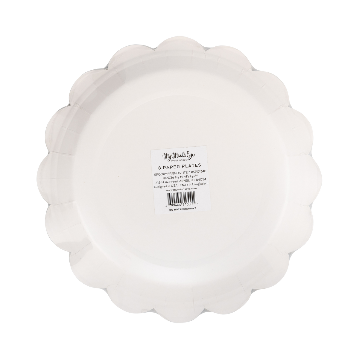 Back view of the white paper plate showing the manufacturer barcode, SKU, and product details.